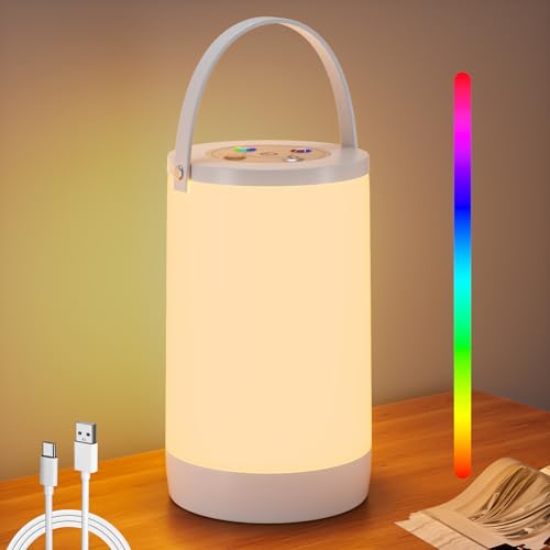 Hensam Dimmbare Nachttischlampe, Tischlampe Kabellos Outdoor, 3000K und RGB Farbwechsel Nachtlicht für Schlafzimmer, Wohnzimmer, Geschenk, Tisch Bar Terrasse, 2200mAh