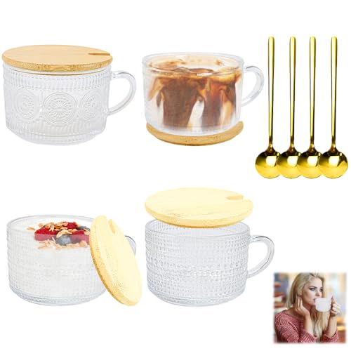 MININUSI 4 Stück Espressotassen Steingut, 450ML kleine Kaffeetassen, mit Deckel Spülmaschinenfest Espresso Tassen Set, Kaffee Becher Keramik, 4x goldener Löffel Keramik Teetassen für Kaffee, Tee, Saft