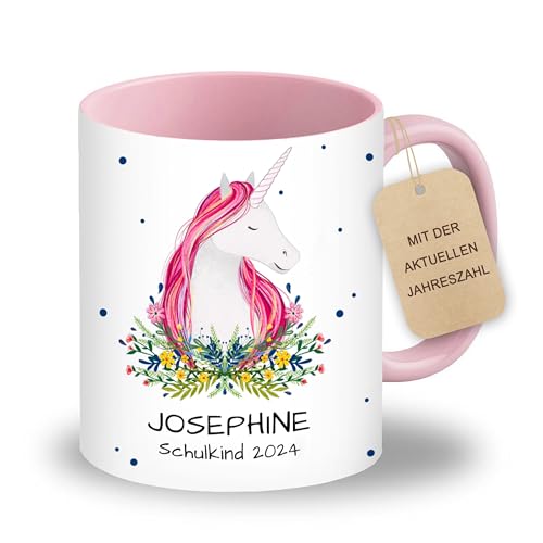 LOOXIS Personalisierte Tasse für Kinder mit Namen, Text & Motiv bedruckt – 325ml, Keramik, versch. Farben – Geschenkidee Jungen, Mädchen, Einschulung, Kindergarten – Rosa, Einhorn