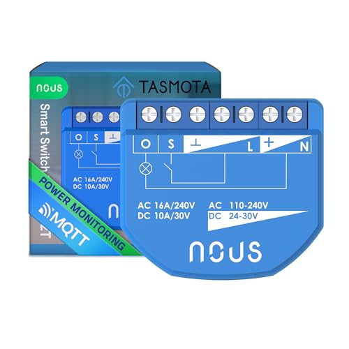 NOUS WiFi Smart Switch Modul mit Tasmota und Leistungsmesser, AC 16A/DC 10A, ESP32, Temp Sensor, Matter & MQTT, 1 Kanal, Trockenkontakte, Kompatibel mit Alexa, Home Assistant, Google Home, Apple Home