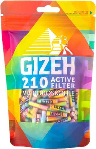 GIZEH RAINBOW Active Filter – Aktivkohlefilter 6 mm Durchmesser im 210er Pack – Aktivkohlefilter slim mit Aktivkohle aus Kokosschale – Filter mit 27 mm Länge