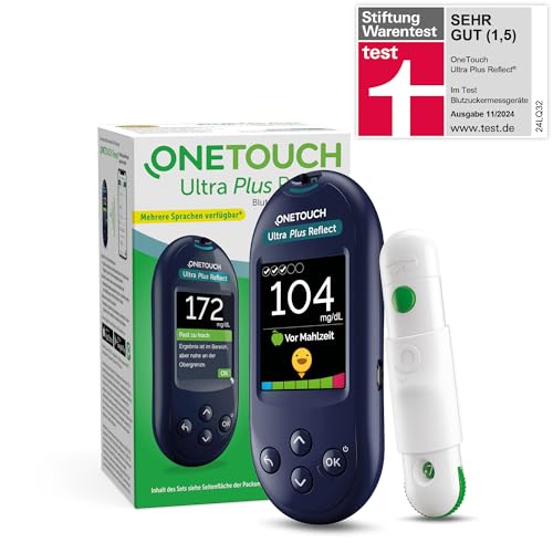 OneTouch Ultra Plus Reflect® Blutzucker-Messgerät (mg/dl) I Stiftung Warentest SEHR GUT (1,5) I Diabetes-Testset (Zucker-Krankheit) I + 10 Teststreifen + 1 Stechhilfe + 10 Lanzetten (inkl. Batterien)