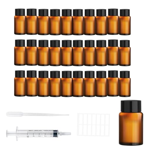 Ksnowqi 30 Stück Braune Leere Glasflaschen, Tropfflasche Mini Fläschchen 5ml, Fläschchen für Ätherische Öle, Pipettenflasche für Spa, Massage, Aromatherapie, Parfüm, Flüssigkeiten