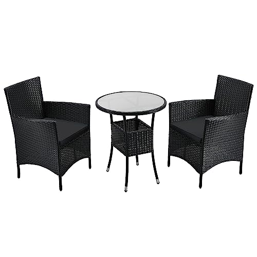 Juskys Polyrattan Balkon Set Bayamo 2 Personen - Tisch mit Glasplatte & 2 Stühlen - Wetterfeste Balkonmöbel - Auflagen waschbar - schwarz - grau