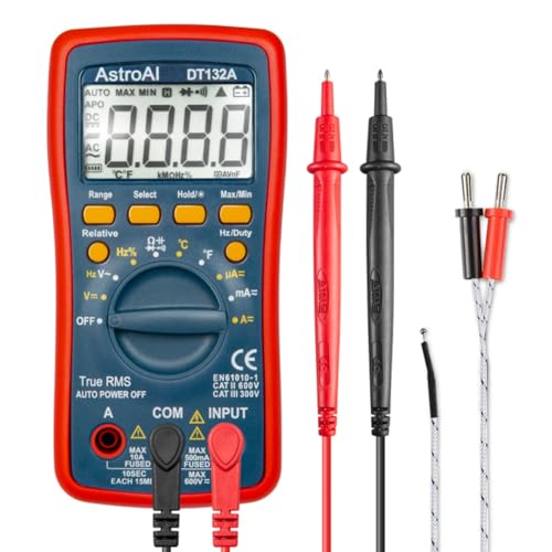 AstroAI Digital Multimeter, Voltmeter Ohmmeter Amperemeter Mit TRMS 4000 Counts, Manuell und Auto-Range, Misst Spannung, Strom, Widerstand, Durchgang, Frequenz, Dioden, Temperatur, Rot