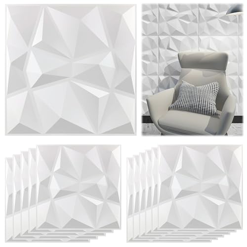 12 Stücke 3D Wall Panels, 30 × 30 cm Gaming Zimmer Wand Decke 3D Optik Diamant, PVC Paneele für Die Innen und Außendekoration Mattes Weiß, Nicht Verformbar, Wasserfest, Hitzebeständig, Geruchsneutral