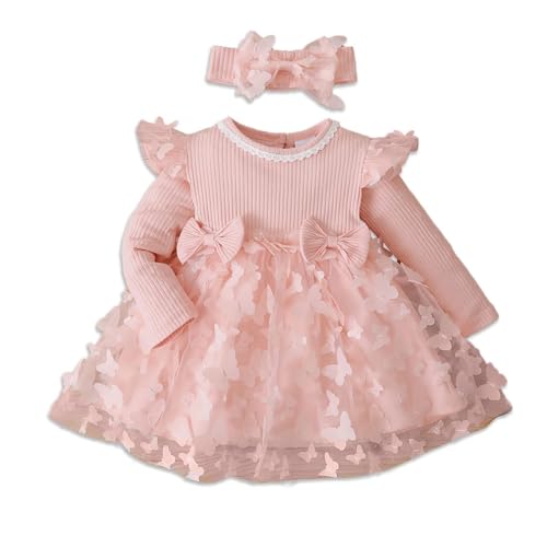 PATPAT Baby Mädchen Kleid Langarm Tutu Kleid Kleinkind Mädchen Tüllkleid Blumenmädchen Weihnachtsfeier Geburtstagsprinzessin Kleider Hellrosa 9-12 Monate