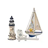 Flanacom Badezimmer Deko - 3er Set - Maritime Badezimmer Deko - Leuchtturm, Segel-Schiff und Strand-Stuhl aus Holz - Badaccessoires - Schöne Deko für das Bad - Design 1