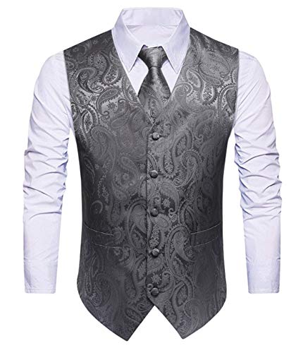 HISDERN Herren Paisley Hochzeitsweste Krawatte Einstecktuch Taschentuch Jacquard Weste Anzug Set Splitter Grau