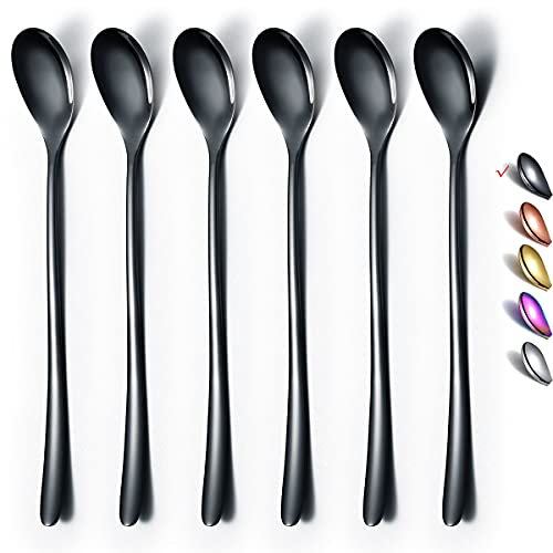 HOMQUEN Schwarzer Löffel Mit Langem Griff, Kaffeerührer, Premium-Edelstahl-Kaffeelöffel, Eisteelöffel, Eislöffel, Cocktail-Rührlöffel, Teelöffel, 6Er-Set (Schwarz)