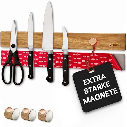 Magnetleiste Messer selbstklebend 40 cm - Messerhalter aus FSC®Akazienholz mit Extra starkem Magnet - 3 Steckhaken für Handtücher - Einfache Montage