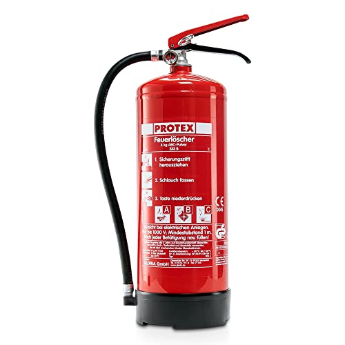 Pulver-Feuerlöscher – Protex PDE 6 Pulverfeuerlöscher – 6 kg - für die Brandklassen ABC – Zertifiziert nach DIN EN 3 und CE – 9,5 kg – mit praktischer Halterung – mit Prüfplakette - Made in EU