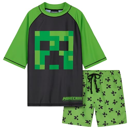 Minecraft Badeanzug Jungen, Zweiteiliger Schwimmanzug - Schwimmshirt & Badeshorts (9-10 Jahre, Grün/Schwarz)