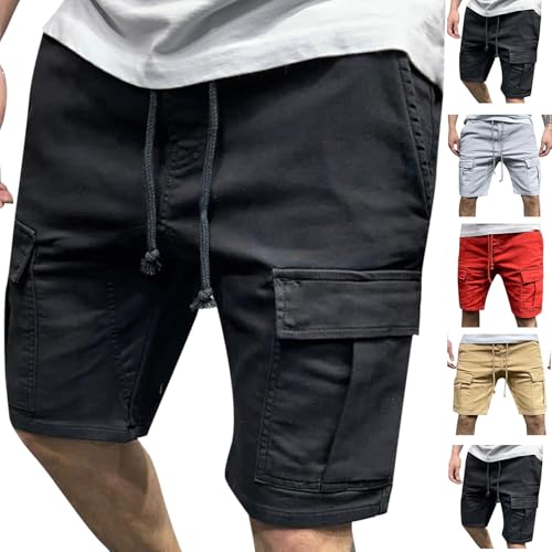 Generisch Herren Cargo Shorts Sommer Einfarbig Kurze Hose mit Kordelzug Bequeme Männer Cargohose Atmungsaktive Arbeitsshorts Outdoor Freizeit Hosen mit Taschen Sportlich Lässig