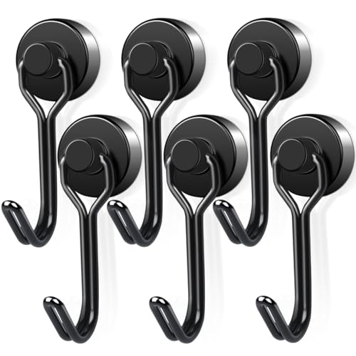 Magnethaken Extra Stark, 6Stück 16mm Neodym Magnet Hacken hält 10kg, Drehbar Magnetischer Haken rostfrei Metallhaken für Küche kühlschränke Schließfächer, Schwarz Neodym Magnete Haken Magnetisch
