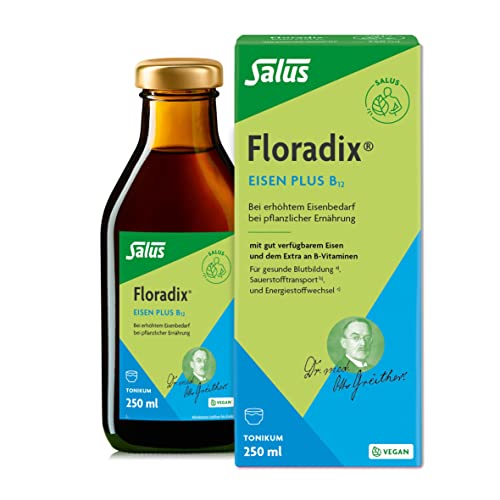 Salus Floradix Eisen plus B12 - Tonikum 1x 250 ml - mit wertvollen Kräuterextrakten, gut verfügbarem Eisen und dem Extra an Vitamin B12 - bei erhöhtem Eisenbedarf - vegan
