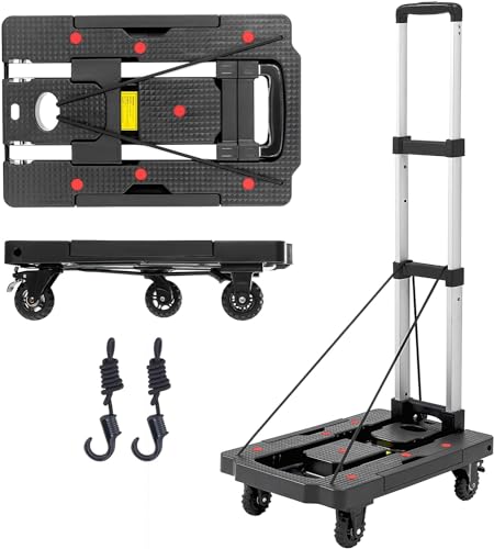 Transportwagen Klappbar mit Bremsen, Pejevir 150kg Tragkraft Plattformwagen mit Verstellbarer Deichsel, 5 Räder Lenkbarer Transportkarre Rauscharm, Anti-Rutsch-Beschichtung, 2 Flexibles Seil