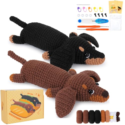 Häkelset für Anfänger, Häkeln Tier Kit Komplett Dackel Hund Häkeln mit Garn Haken Nadeln, Schritt für Schritt Video Häkeln lernen Häkelset Einsteiger Tier Set Anfänger Häkelset Dachshund Häkelsets