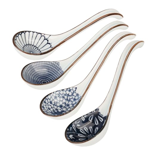 Asiatische Suppenlöffel 4 Stücke Porzellanlöffel Chinesische Suppenlöffel Keramikl Löffel, Suppe Löffel Blauen Und Weißen Porzellanlöffel, Dessertlöffel Vorspeise Besteck Retro Muster Ramen Löffel
