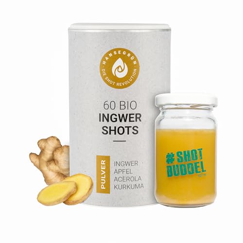 Hansegrün - Bio Ingwer Shots (60 Stk.) - Veganes Superfood-Pulver für das Immungsystem¹ & Energiestoffwechsel² - mit Kurkuma, Zitronenschale & Acerola - 100% echte Zutaten zur täglichen Zubereitung