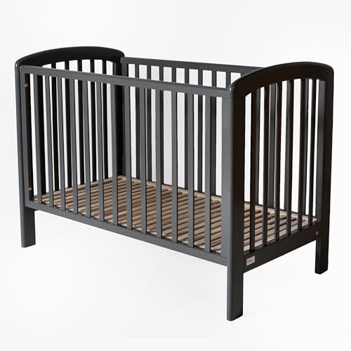 Babybett Lux grau aus Massivholz mit Matratze 100% gesteppter Baumwolle, 120 x 60 x 8 cm, Komplett Set,1 in 3 umbaubar Baby- Jugendbett, Gitterbett aus Birke, Kinderbett.