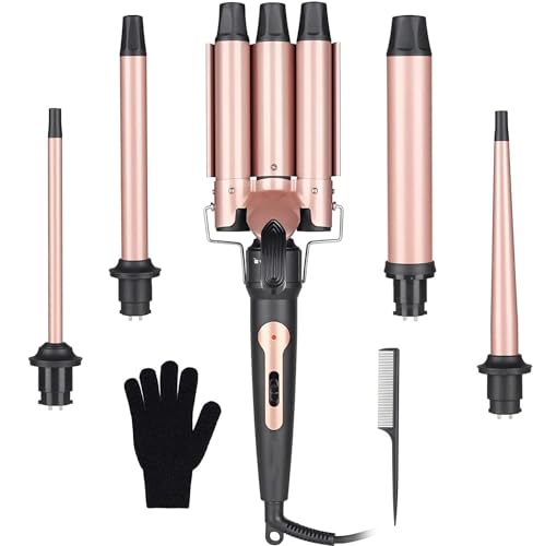 5 in 1 Lockenstab Set mit 3 Fässer Beach Waves Welleneisen für Haare Große Kleine Locken mit Verschiedenen Lockenstäbe Aufsätzen Keramik Turmalin Beschichtung Curling Iron für Lange kurze Haare