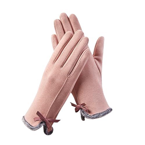 QWUVEDS Bequeme Damen-Herbst-Winter-Handschuhe mit Schmetterlingsschleife, Fleece, winddicht, warm, Touchscreen-Handschuhe zum Radfahren und Autofahren Lange Handschuhe Damen (Pink, One Size)