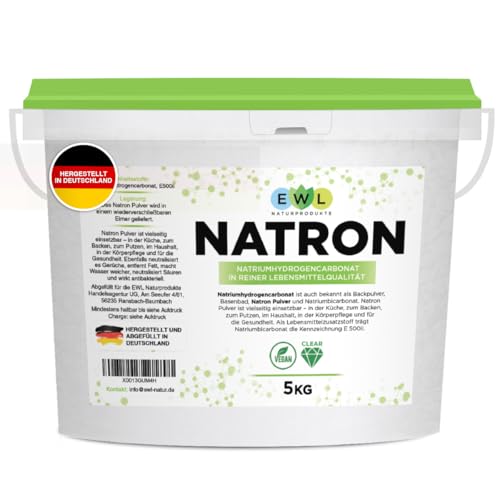 Natron Pulver Baking Soda 5kg I Deutsche Herstellung u. Abfüllung I Hochreine Lebensmittelqualität I Backpulver I Recyclefähiger, wiederverschließbarer Eimer