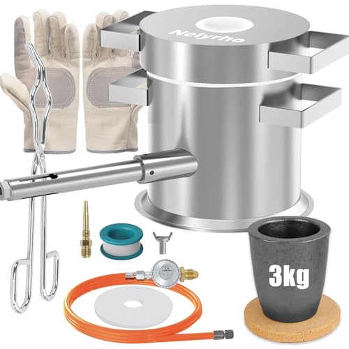 Nelyrho Propan-Schmelzofen-Set, 3 kg, robuste Edelstahlgießerei für Metallguss, komplettes Schmelzset mit Tiegel, Zange, Handschuhe für Gold, Silber, Kupfer, Aluminium