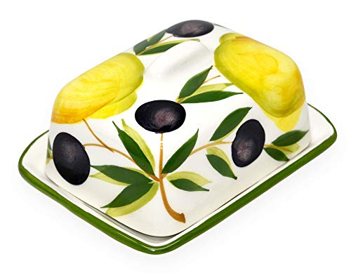 Lashuma Handgemachte Kleine Butterdose aus Bemalter Italienischer Keramik Zitrone - Olive, Butterbox Größe 12x9 cm