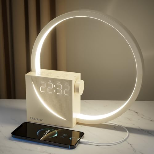 blonbar Nachttischlampe mit Wake Up Licht, 3 Stufige Helligkeit Touch Dimmbar, 2 Wecker,Tageslichtwecker, 10 Beruhigender Klang,10W USB-Aufladung,Geeignet Schlafzimmer Wohnzimmer. (Minimalistisch)