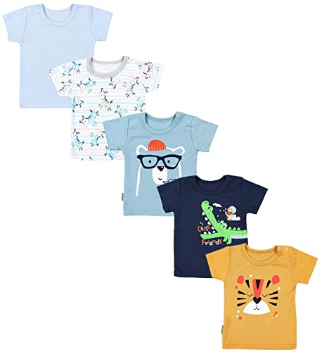 TupTam Baby Jungen Kurzarm T-Shirt mit Aufdruck Unifarben Sterne Streifen 5er Set, Farbe: Krokodil Dunkelblau Tiger Senfgelb Zebra Blau, Größe: 104