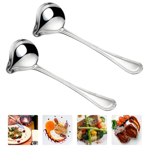 2 Stück Soßenlöffel aus Edelstahl, Saucenkelle mit Ausgießer, Suppenkelle Edelstahl, Saucenlöffel Länge, Suppenkelle Klein, Saucenlöffel Spülmaschinenfest, für Suppensoßen Bratensoßen Dressings