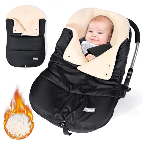 Orzbow Fußsack Babyschale Winter,Universell Einschlagdecke Babyschale Winter mit Verstellbarem Kragen,Warmes Berbervlies Futter,Reißverschluss,passend für Maxi-Cosi,Cybex,Römer usm. (Schwarz)