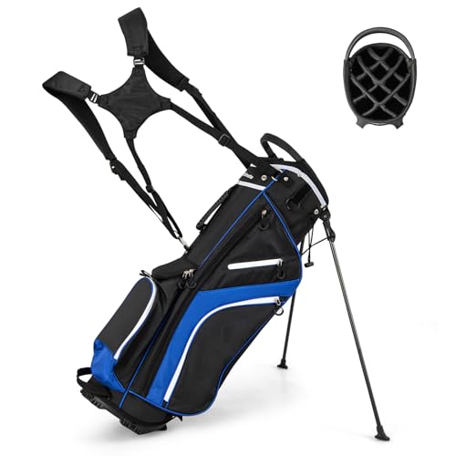 COSTWAY Golfbag, Golftasche mit 14-facher Unterteilung & 6 Taschen, Golf Stand Bag mit Standfüßen & Regenhaube, leichte Pencil Bag tragbar für Männer & Frauen(Blau)