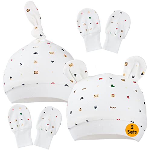 One enjoy 2 Baby Handschuhe Mütze Neugeborene Neugeborene Baby Baumwollmützen und Fäustlinge – 100% Baumwolle, 2 Baby Mützen, Mützen und 2 Paar Kratzfäustlinge für Babys (0-6 Monate)