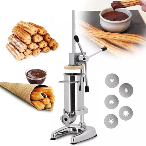 Kommerzieller manueller Churro-Maker, spanische Churrera-Maschine aus Edelstahl mit 5 Formen, 2-Liter-Latin-Fruchtmaschine, lateinamerikanische Frucht-Donut-Maschine, manuelle Wurstfüllmaschine für