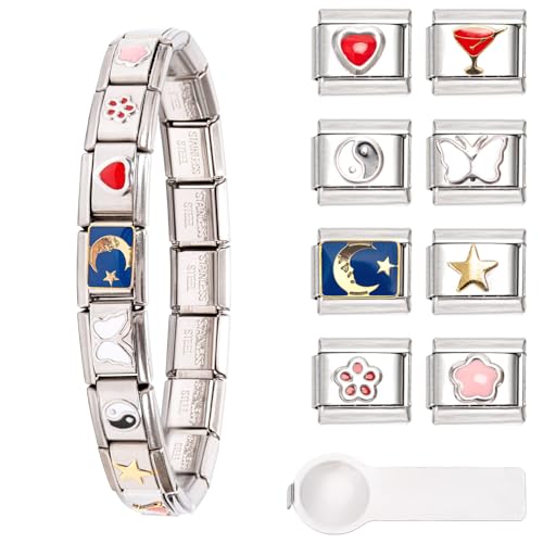 Italian Charms Bracelet, 8 zusätzlich Italian Charms mit Öffnungswerkzeugen,9mm Abnehmbar Module für Italienische Armbänder, Edelstahl Italian Charm Bracelet Charms, Italian Style Charms für Damen (A)