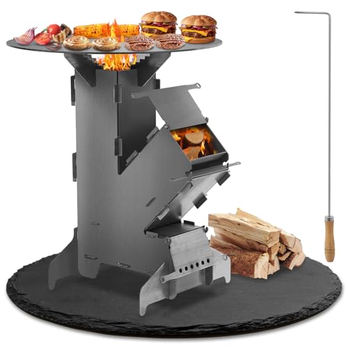 Eulenke Raketenofen mit Grillplatte und Feuerhaken, Rocket Stove Stecksystem aus 3 mm dickem Stahl, Raketenofen Outdoor Holzofen Campingkocher Kanonenofen für BBQ Terrasse