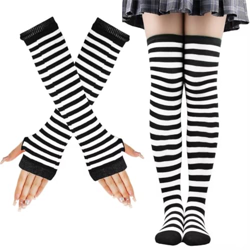 LUKIUP KniestrüMpfe Regenbogen Anzug, Gestreifte Warme Fingerlose Handschuhe Kniehohe Socken Set, Mädchen Damen Extra Lange Socken für Halloween Cosplay Gestreifte Lange Socken(Schwarz/Weiß)