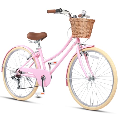 Glerc Missy 26" Zoll Mädchen Cruiser Jugend Teen Frau Fahrrad 6-Gang Teen Hybrid Fahrrad für Jugendliche im Alter von 14 15 16 17 18 19 20 Jahre alt mit Weidenkorb & Leichtgewicht, Rosa