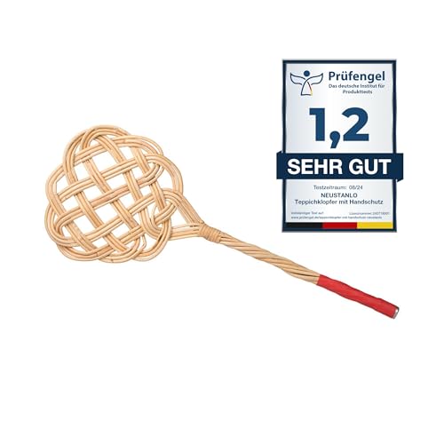 NEUSTANLO | Teppichklopfer in Sonnenform mit Handschutz | 3-fädiges Natur Rattan | länglich hell | 75x26 cm | flexibel und robust