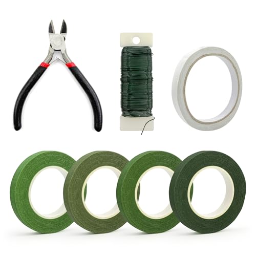 7PCS Blumen Arrangement tool Kit, 4 Rollen Floristenband 27m, Grüner Blumendraht 35m, Draht-Schneider und Doppelseitigem Klebeband, Blumenstieldraht für Wrapping Blumensträuße und floralen Handwerken