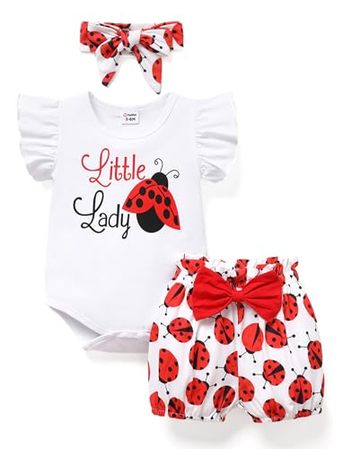 PATPAT Baby Kleidung Mädchen Baumwolle Neugeborenen Strampler Kleidung, Kurze Ärmel | Ärmellos+ Schleifenshorts + Stirnband Bekleidungssets für Mädchen, 3Pcs Sommer 0-18 Monate Geschenk