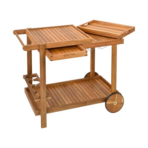 Outdoor Grill Trolley, Servierwagen für Garten, BBQ Beistelltisch, Tisch für Grill mit 2 Tabletts – 100 x 80 x 59 cm, Akazienholz