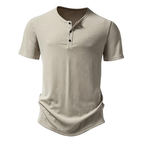 Generisch Herren Sommerhemd Baumwolle Leinen Kurzarm Hemd Herren Henley-Kragen Lässiges Regular Fit Shirts Sport Tshirt Herren Tshirt Herren Rundhals Baumwolle T-Shirt V-Ausschnitt Herren Weiß