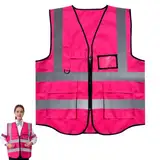 Warnweste Pink,Warnweste,Pinke Warnweste,Warnwesten,Reflektierende Jacke,Warnweste Erwachsene,Gut Sichtbare Warnwesten Mit Taschen,Für Männer Und Frauen,Arbeitskleidung Für Die Sicherheit Auf Dem Bau