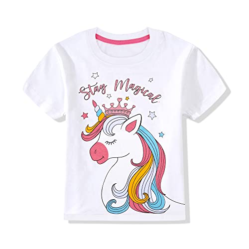 Mädchen T Shirt Kinder Shirt Baumwoll Tops Einhorn Kurzärm Mädchen Sommer Tops Stickerei Design mit Aufdruck und Farbe im Shirt,Weiß 4-5 Jahre