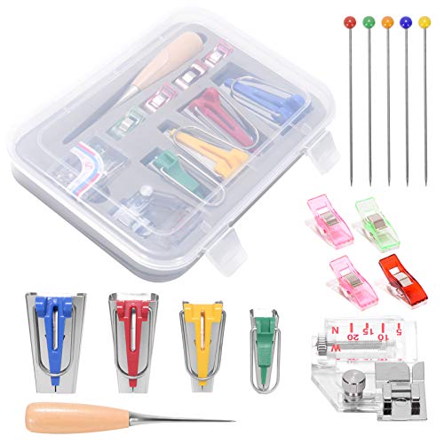 ZITFRI 4er Schrägbandformer 6mm 12mm 18mm 25mm Bias Tape Maker Kit Schrägband Werkzeug mit Verstellbar Nähfuß, Quilten Ahle, Ball Pins, Stoffklammern, Nähen Zubehören für Kleidung DIY Handwerk