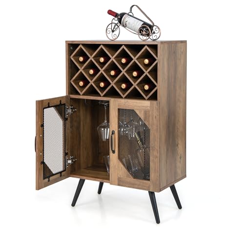 KOMFOTTEU Weinschrank für Küche, Buffetschrank mit herausnehmbarem Flaschenregal und Getränkehalter, Sideboard mit 2 Netztüren und Kippvorrichtung, Wein Schrank für Esszimmer, Wohnzimmer